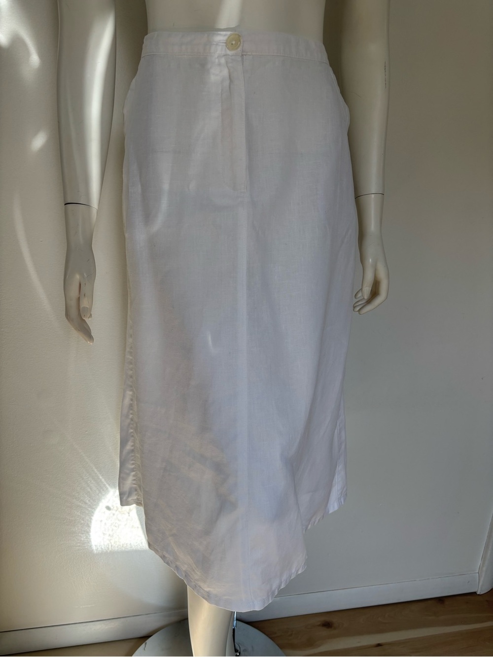 L.L. Bean White Linen Midi Skirt with Front Button